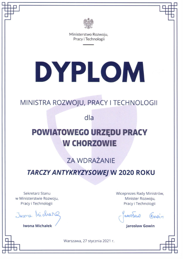 Dyplom Ministra Rozwoju, Pracy i Technologii za wdrażanie Tarczy Antykryzysowej w 2020 r.